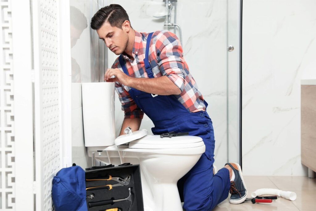 Ein Eckel Handwerker repariert eine Toilette/Spülkasten.