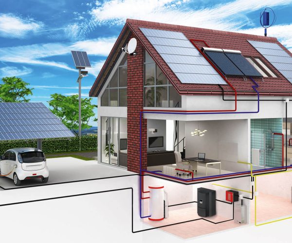 Heiz- und Energiesystem Grafik veranschaulicht an einem Haus (inkl. Solaranlage)